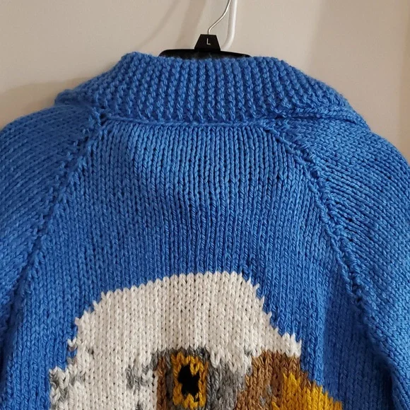 Hand Knit Bulky Cardigan Sweater Eagle Sweater Royal Blue XL - Picture 5 of 12